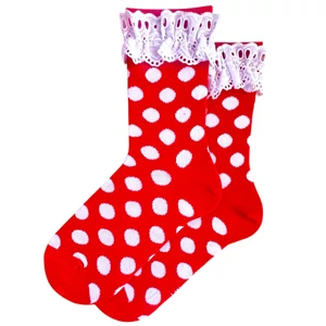 Női bokazokni piros-fehér pöttyök csipkével 