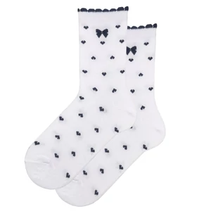 Női bokazokni fehér csipke alapú - sötétkék szíves masni 