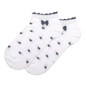 Női titokzokni fehér csipke alapú - sötétkék szíves masni 