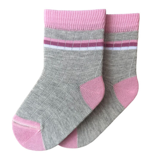 Baba zokni/Bokazokni szürke alap rózsaszín-mályva-fehér csíkos