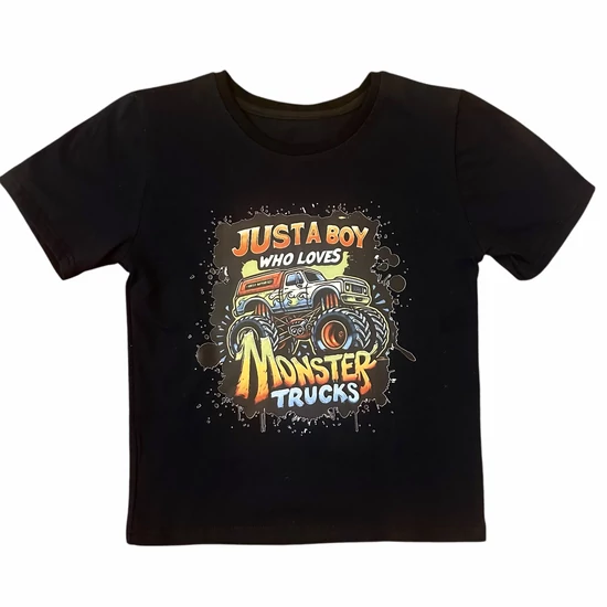 Baba / Gyermek póló fekete "Just a boy who loves monster trucks"