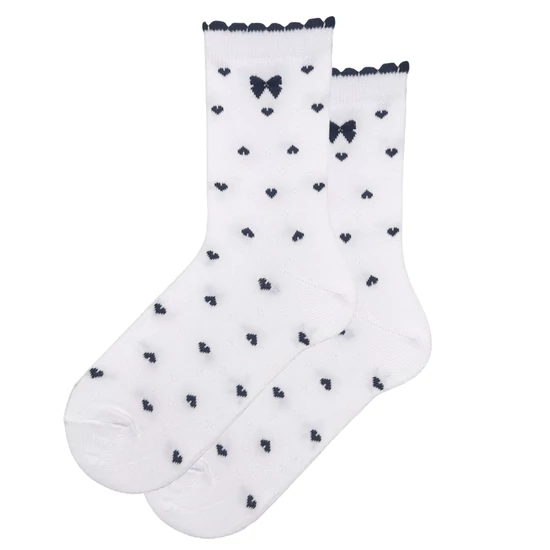 Női bokazokni fehér csipke alapú - sötétkék szíves masni 
