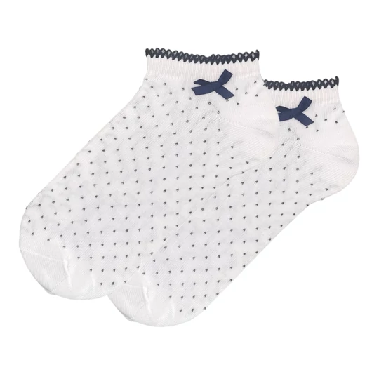 Női titokzokni fehér alapon tűpötty -  horgolt - rávarrt masni