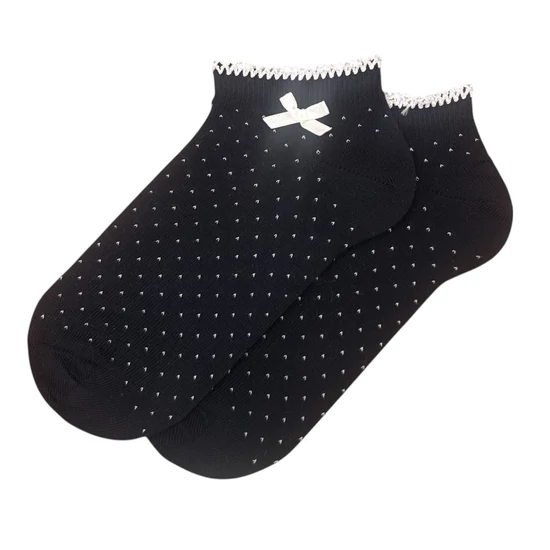 Női titokzokni sötétkék tűpötty -  horgolt- rávarrt masni