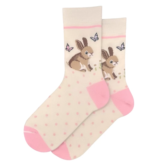 Női bokazokni latte alap - rózsaszín pöttyös nyuszi 